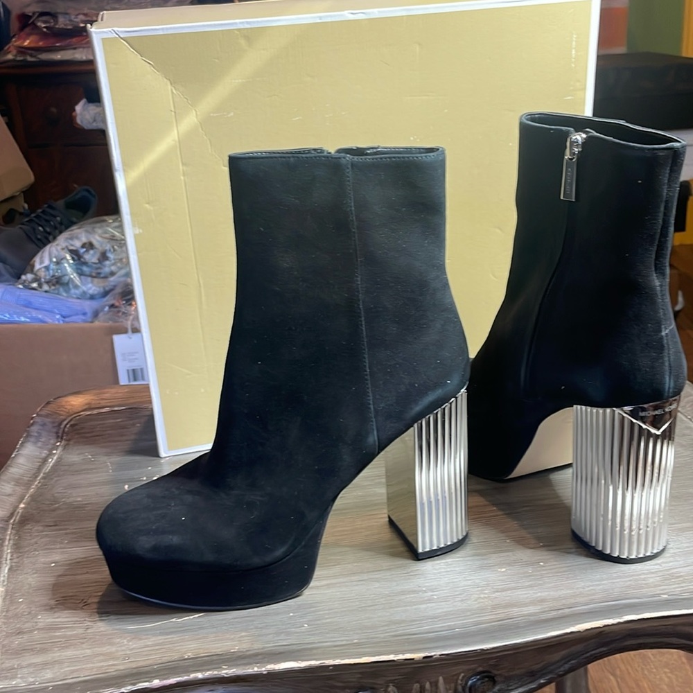 MICHAEL Michael Kors Black Ankle Boots with Silver Heels